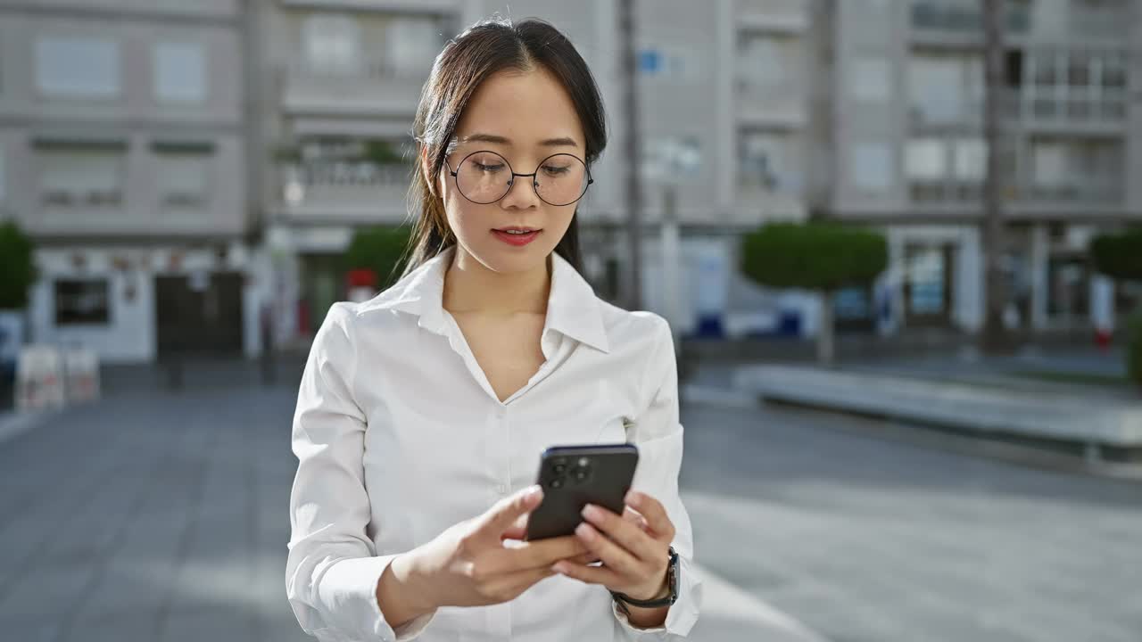 一个面带微笑的亚洲女人戴着眼镜，拿着手机站在阳光明媚的城市街道上。视频素材