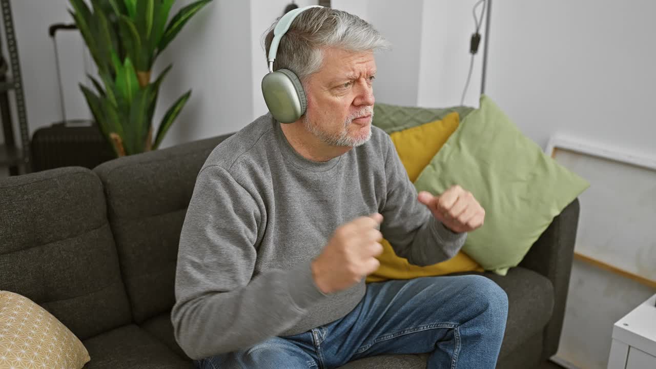 成熟的男人坐在客厅的沙发上，戴着耳机听音乐，表现出快乐和幸福。视频素材