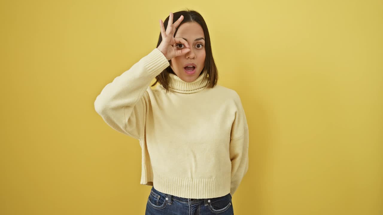 西班牙美女震惊了!穿毛衣的年轻女子在黄色的墙上做着ok的手势，透过手指向外窥视。视频素材