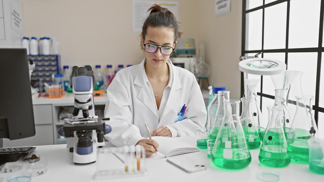 迷人，年轻的西班牙裔女科学家穿着实验室制服，散发着积极的光芒，自信地微笑，双臂交叉在熙熙攘攘的室内实验室视频素材