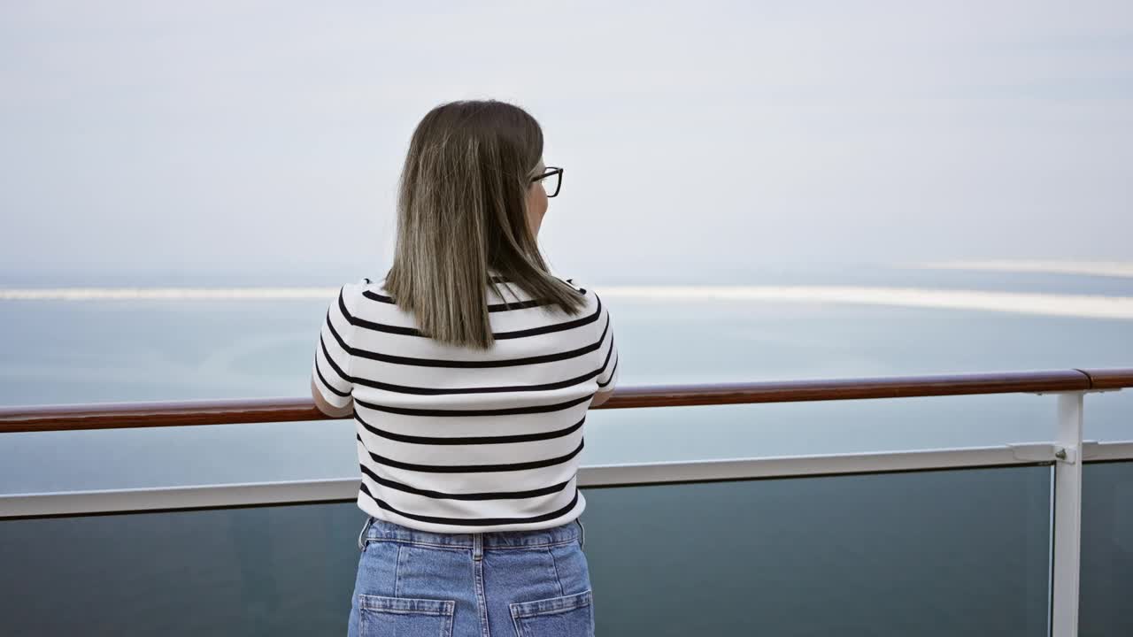 一个女人在游轮甲板上欣赏海景，唤起一种旅行和休闲的感觉。视频素材