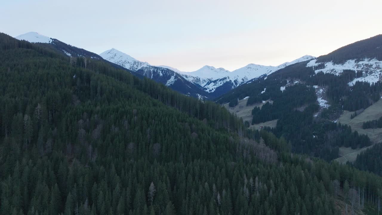 黄昏时分，奥地利萨尔巴赫-辛特格勒姆的松林覆盖着积雪覆盖的山脉视频素材