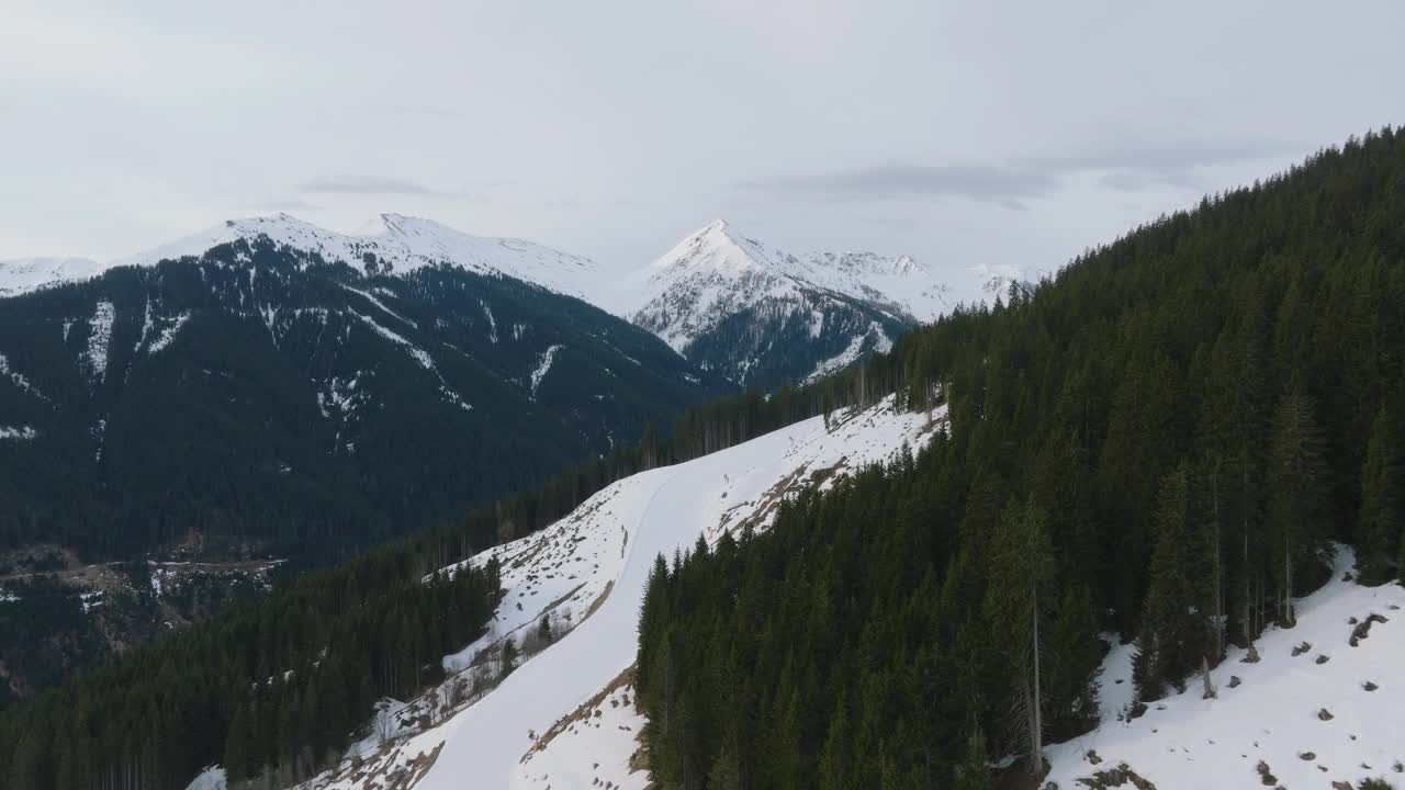 奥地利滑雪胜地萨尔巴赫-辛特格勒姆(奥地利)，白雪覆盖的山峰，松树点缀景观，鸟瞰图视频素材