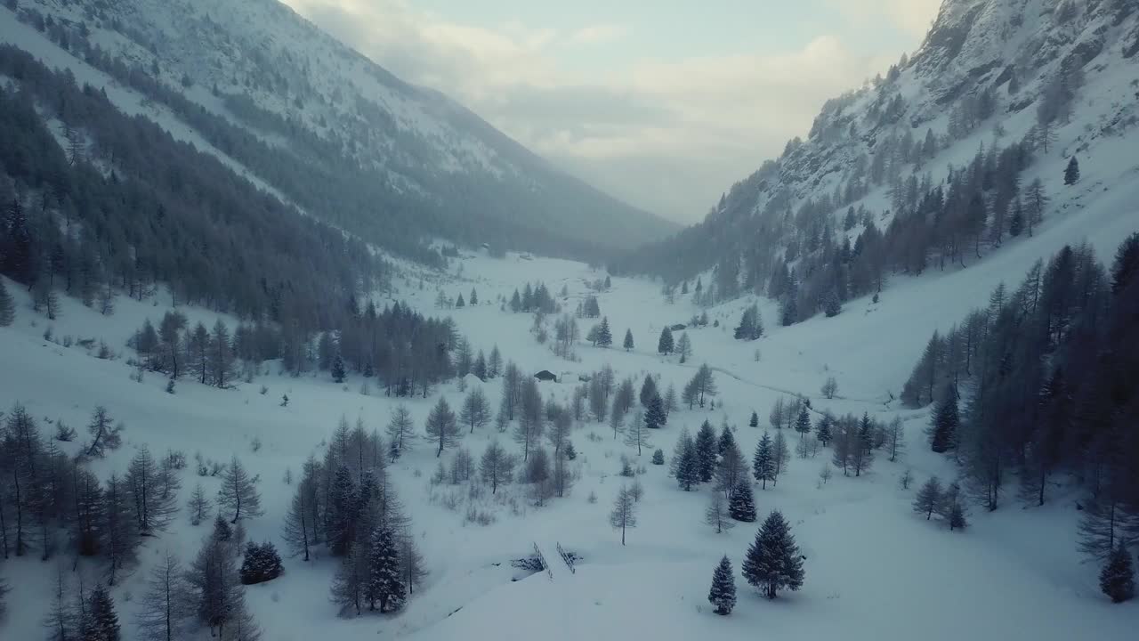 冬季，无人机拍摄的风景如画的冰冻山区景观。白雪皑皑的山谷景色。纯净的白色霜冷地标。视频素材