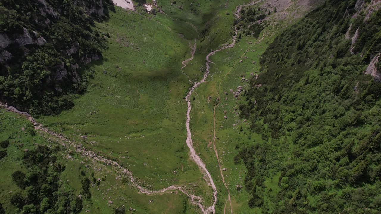 马来山谷在布塞吉山脉郁郁葱葱的绿色植物和小径，鸟瞰图视频素材