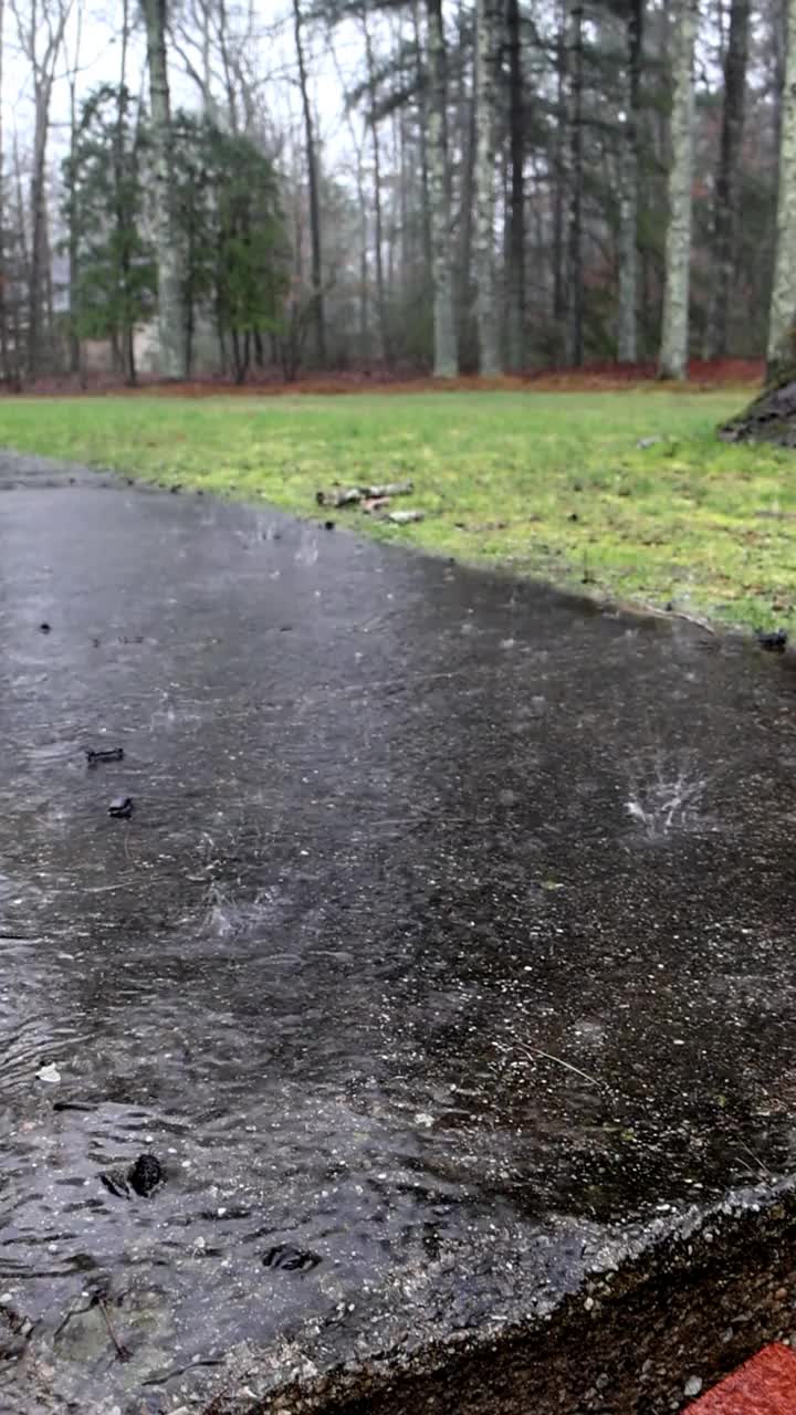 雨的共振:水滴在混凝土路径上视频素材