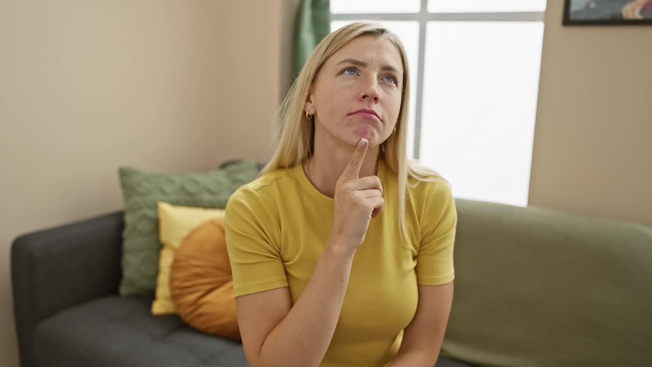 沉思的年轻金发女子，深深专注于一个疑问，手指放在下巴上，凝视着沉思的惊奇，穿着一件t恤在家。视频素材