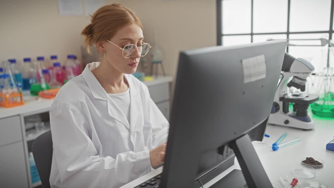 一位戴着眼镜的白人女科学家在实验室里检查电脑上的数据。视频素材