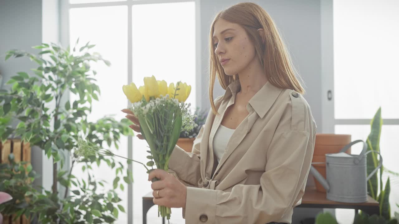 在一间被植物包围的阳光普照的房间里，一个宁静的女人享受着新鲜郁金香的香味。视频素材