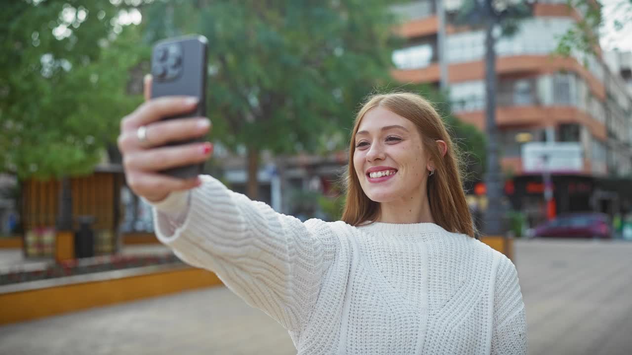 一位快乐的年轻女子在城市公园里的绿色植物中自拍视频素材