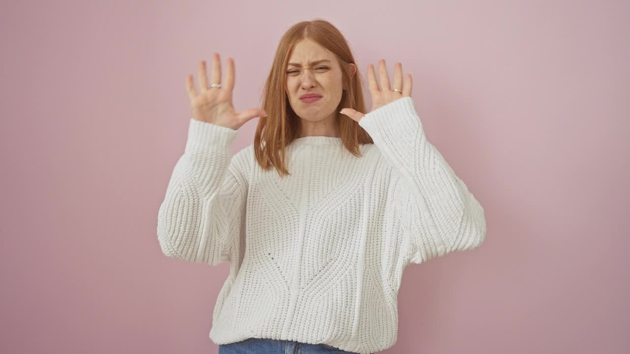 受惊的年轻红发女人穿着毛衣在恐惧和震惊中大喊大叫，用手示意停止，经历了粉红色孤立背景的恐慌视频素材