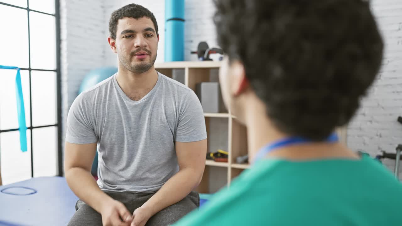 一名男子在康复诊所接受理疗师的指导。视频素材