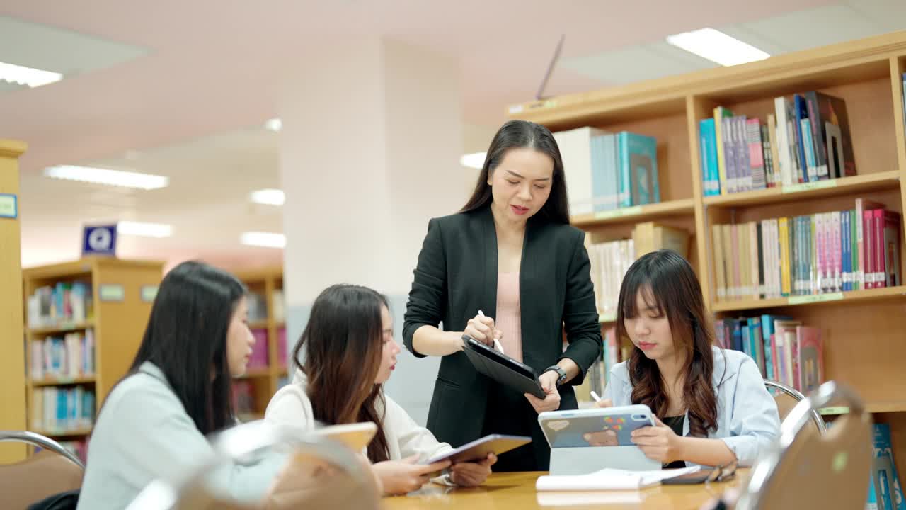 一群妇女坐在图书馆的一张桌子旁视频素材