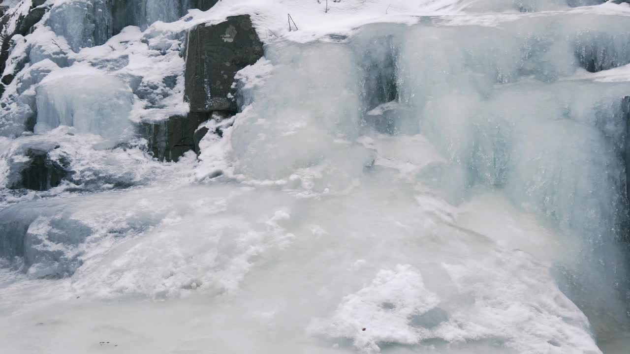 冰冻的山间溪流。冰下形成了流动的淡水山涧视频素材