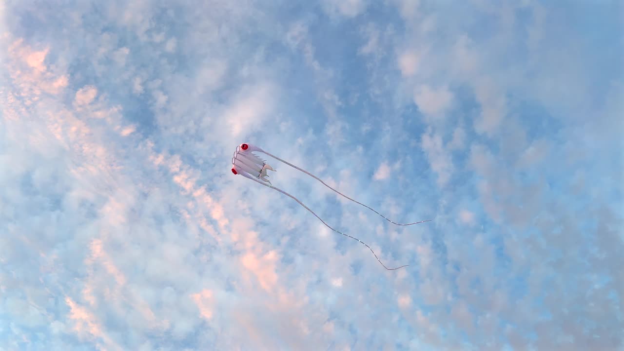 在夕阳的天空中放飞可爱的风筝视频素材