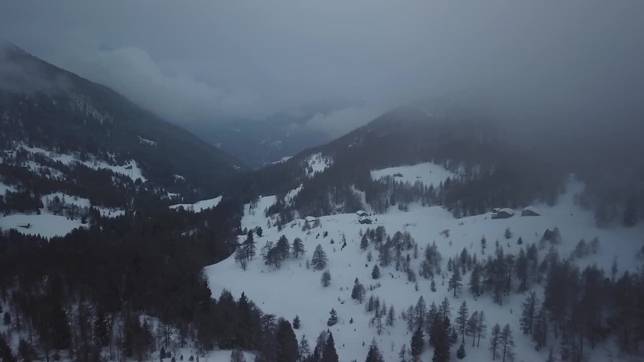 空中无人机拍摄的雪山景观。飞过冰冻的松林。粗糙的霜冻天性。戏剧性的雾天。令人惊叹的冬季全景。视频素材