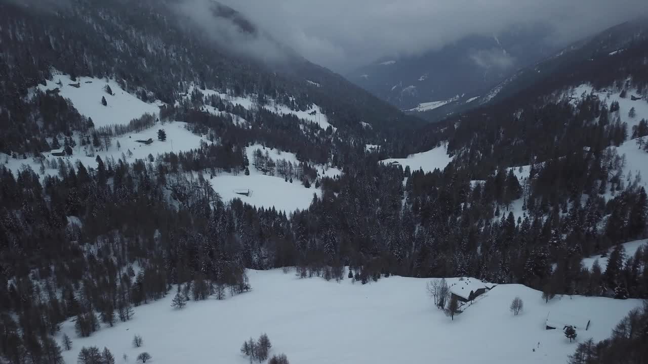 空中无人机拍摄的雪山景观。飞过冰冻的松林。粗糙的霜冻天性。戏剧性的雾天。令人惊叹的冬季全景。视频素材