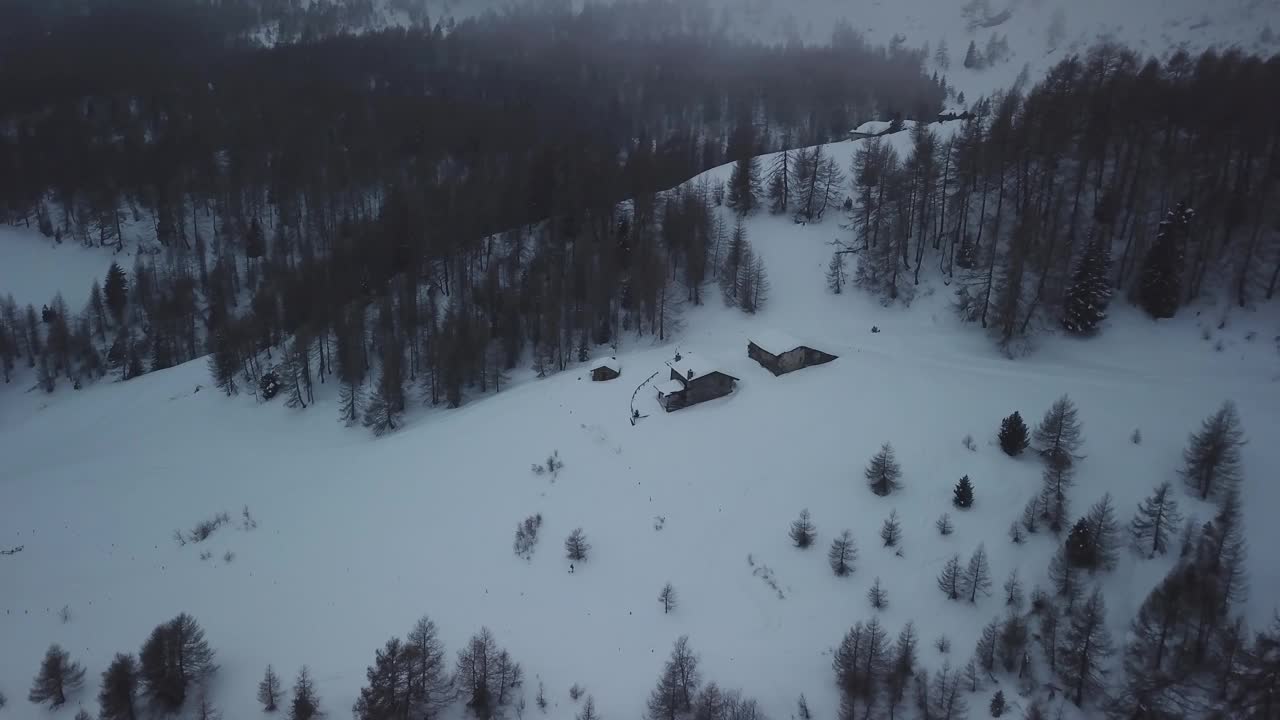 空中无人机拍摄的雪山景观。飞过冰冻的松林。粗糙的霜冻天性。戏剧性的雾天。令人惊叹的冬季全景。视频素材