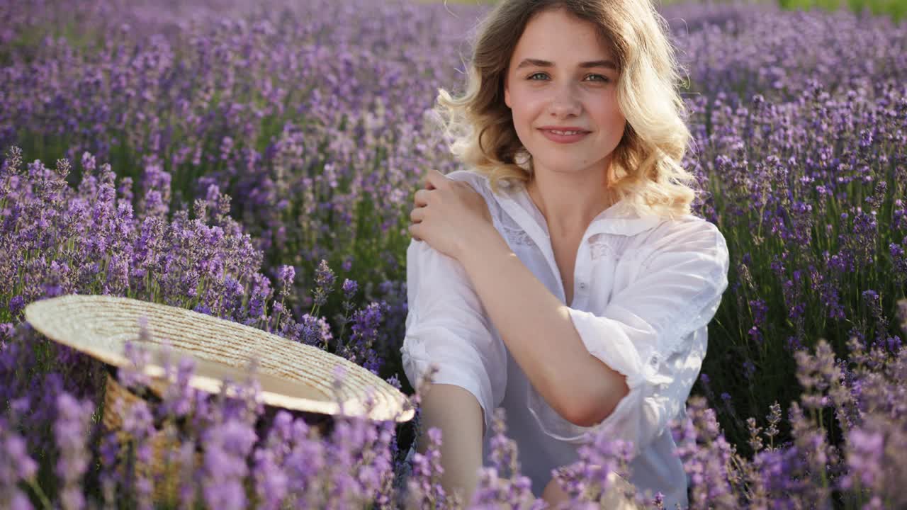 戴草帽的迷人金发女孩在薰衣草地里放松视频素材