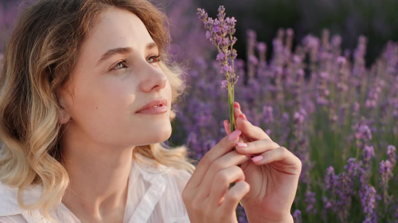 欢乐时刻:黄昏时分手持薰衣草花的年轻女子视频素材