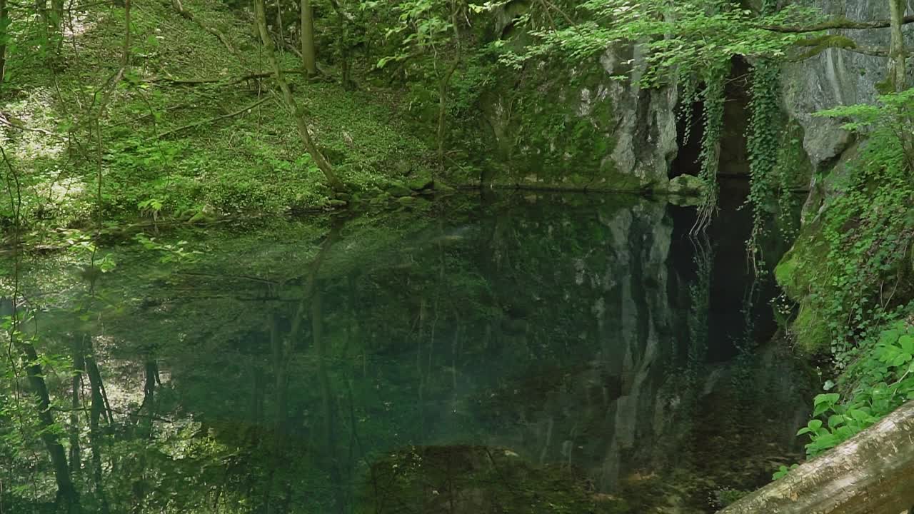 洞穴入口隐藏在郁郁葱葱的绿色植被中，上面是美丽的湖泊视频素材