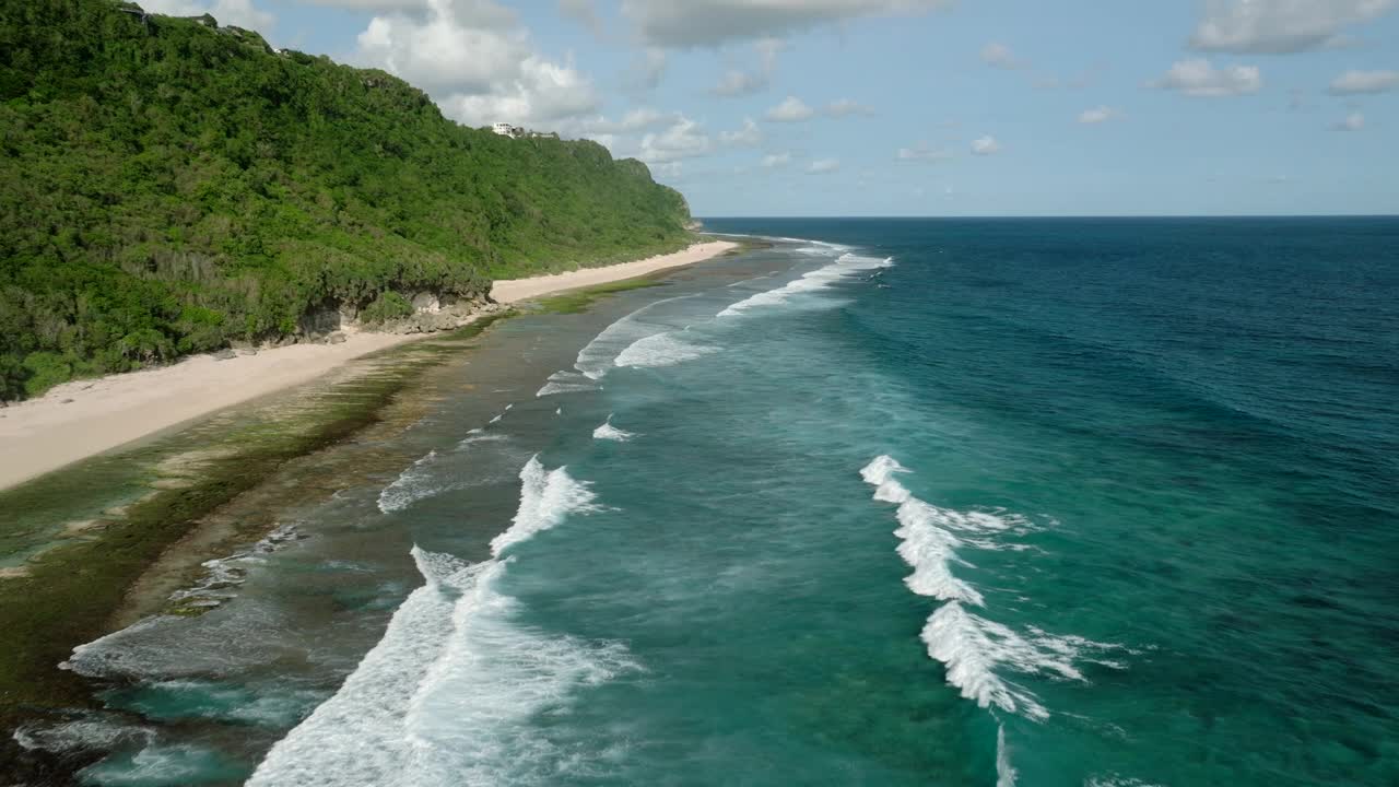 蓝色的海浪冲击着巴厘岛的沙滩和丛林视频素材