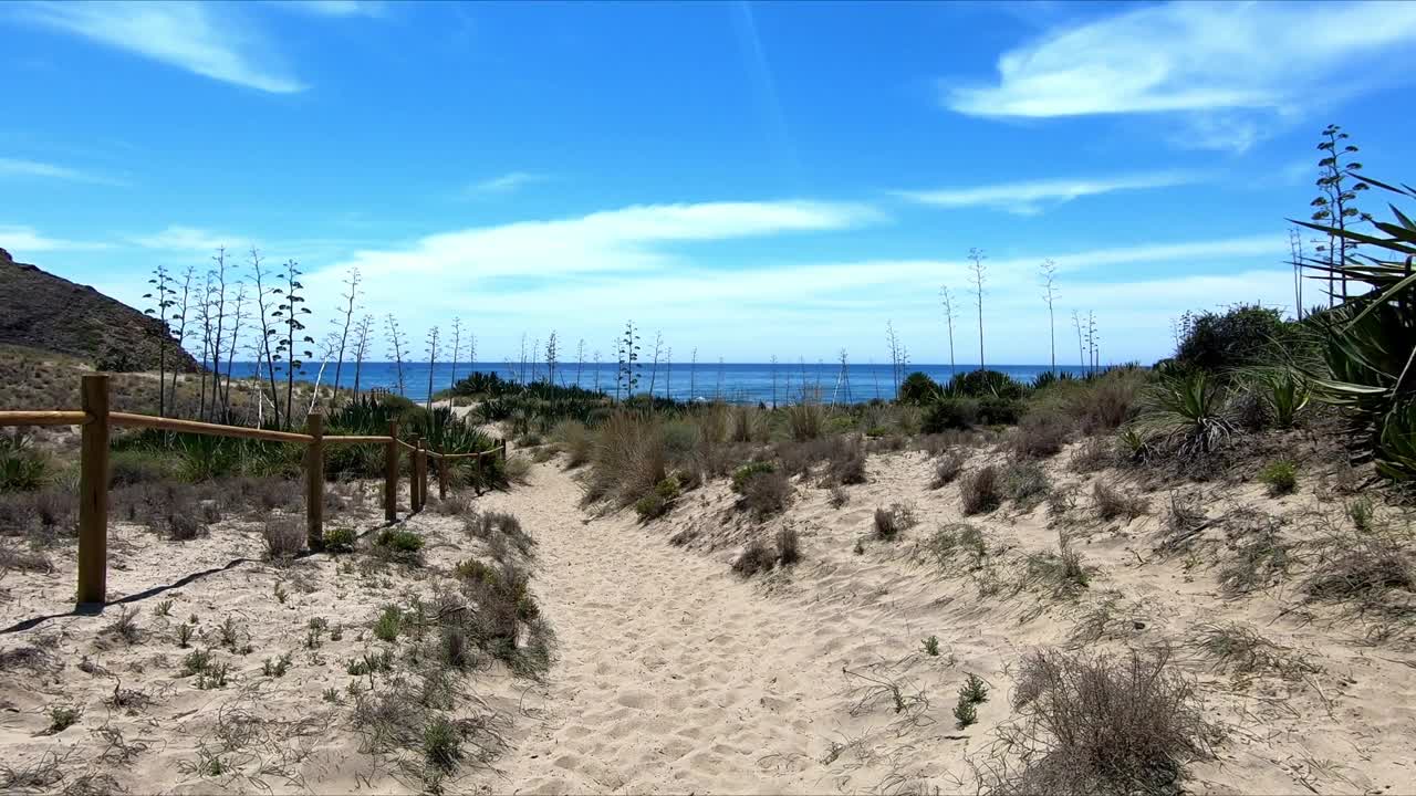 沿着沙路徒步前往天堂般的海滩视频素材