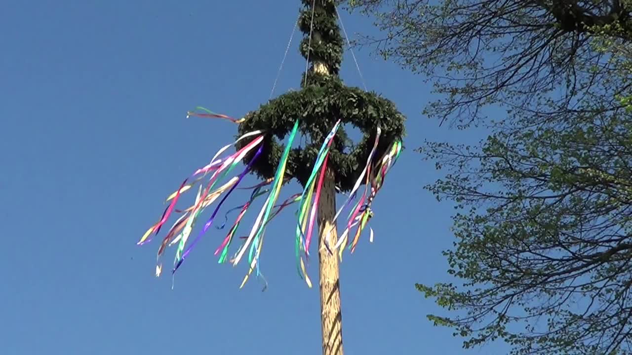 五朔节花柱，彩带飘飘，蓝天飘飘。德国传统视频下载