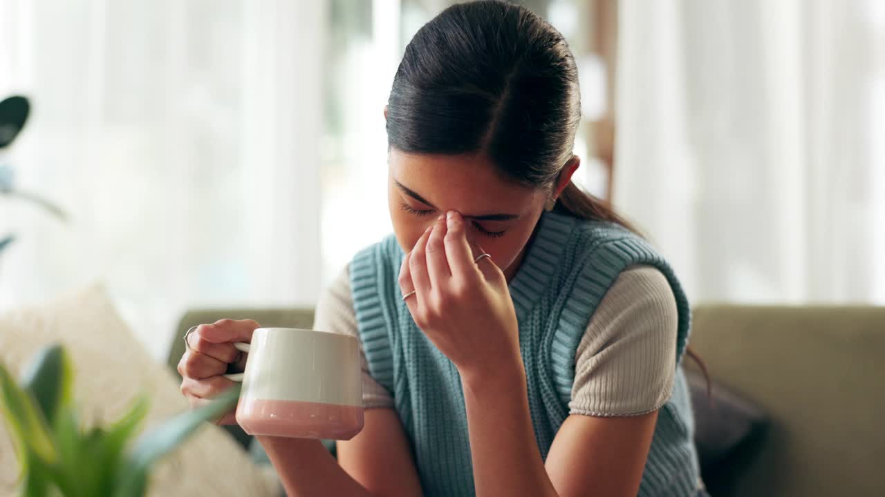 客厅，咖啡和因压力而头痛的女人，在家为考试而思考和焦虑。学生、偏头痛、累得把杯子放在沙发上，这是过度劳累、心理健康和大学倦怠的表现视频素材