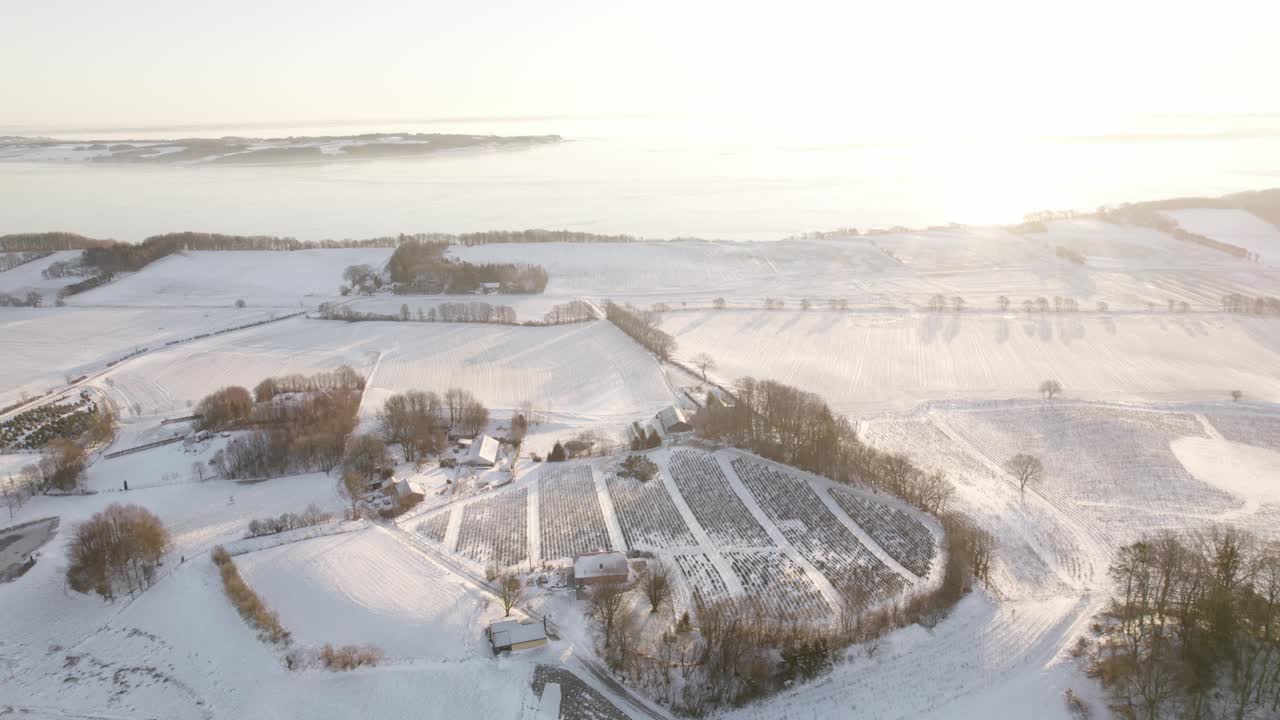 日出时岸上被雪覆盖的农业景观。空中拍摄视频素材