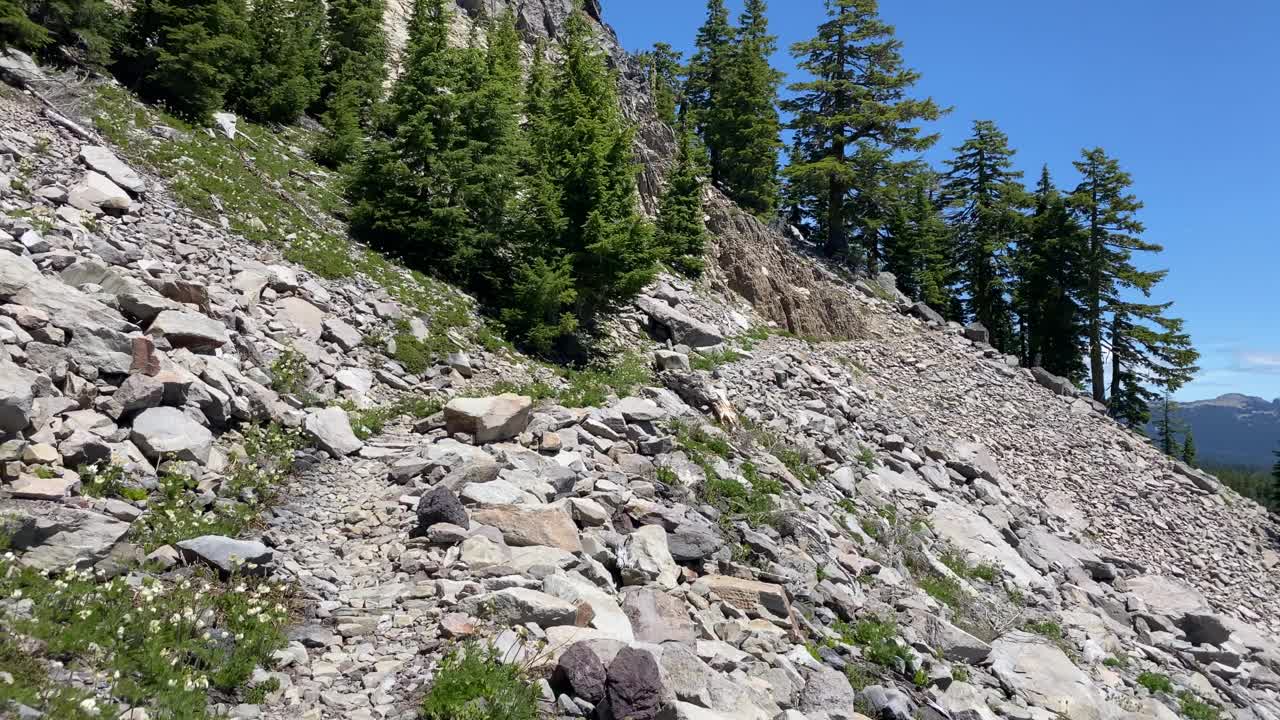 岩石嶙峋的山坡上，树木繁茂，天空湛蓝视频素材