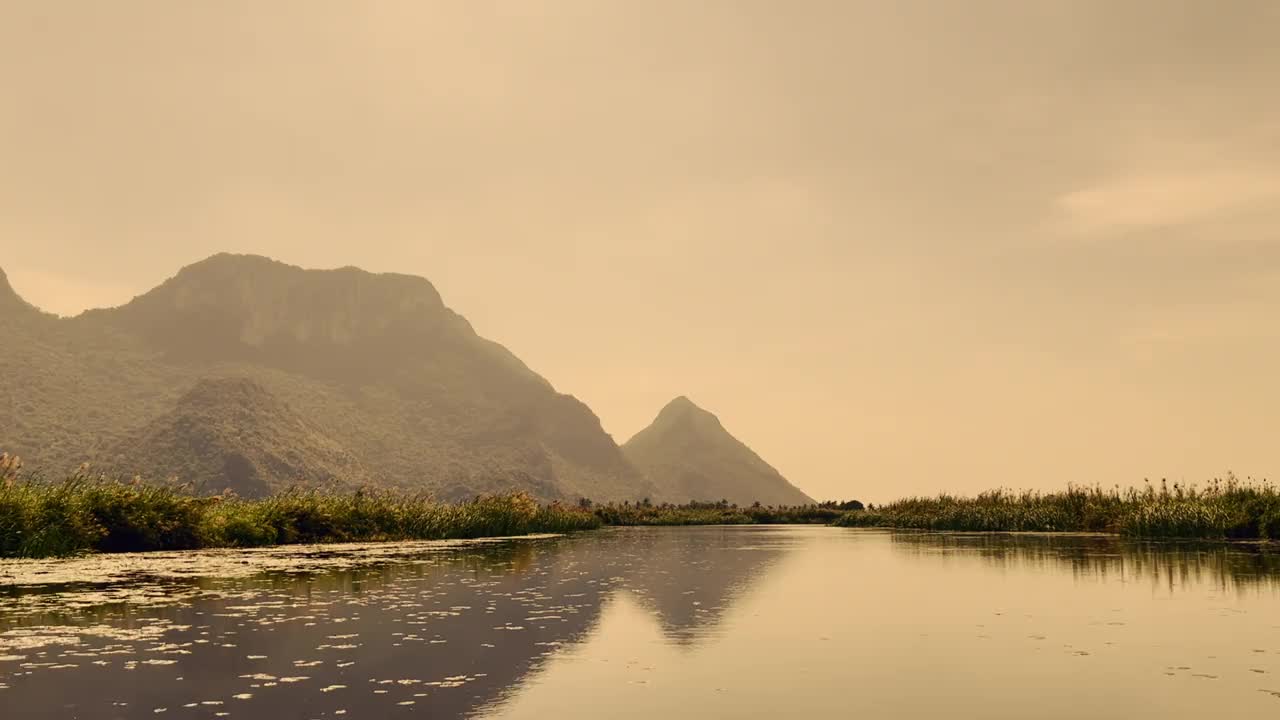 浓浓的烟云笼罩着山顶，在船上看风景。视频素材