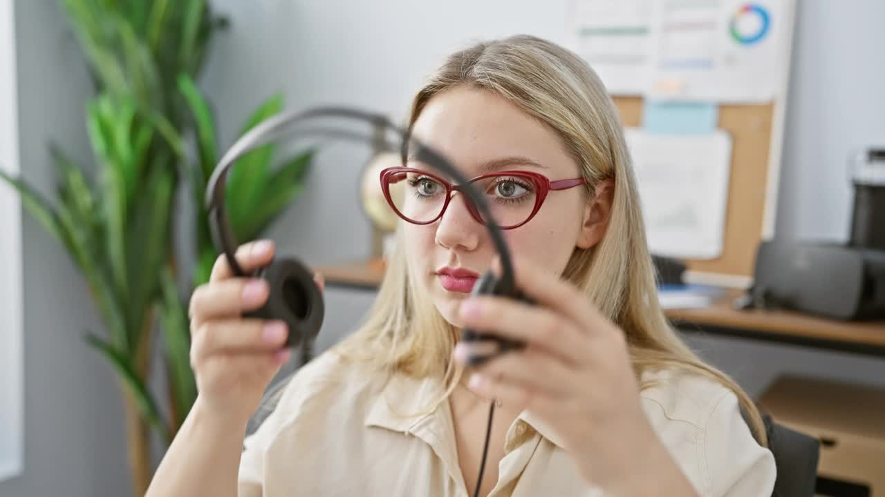 一个专注的金发年轻女子，戴着眼镜和耳机，在现代办公环境中。视频素材