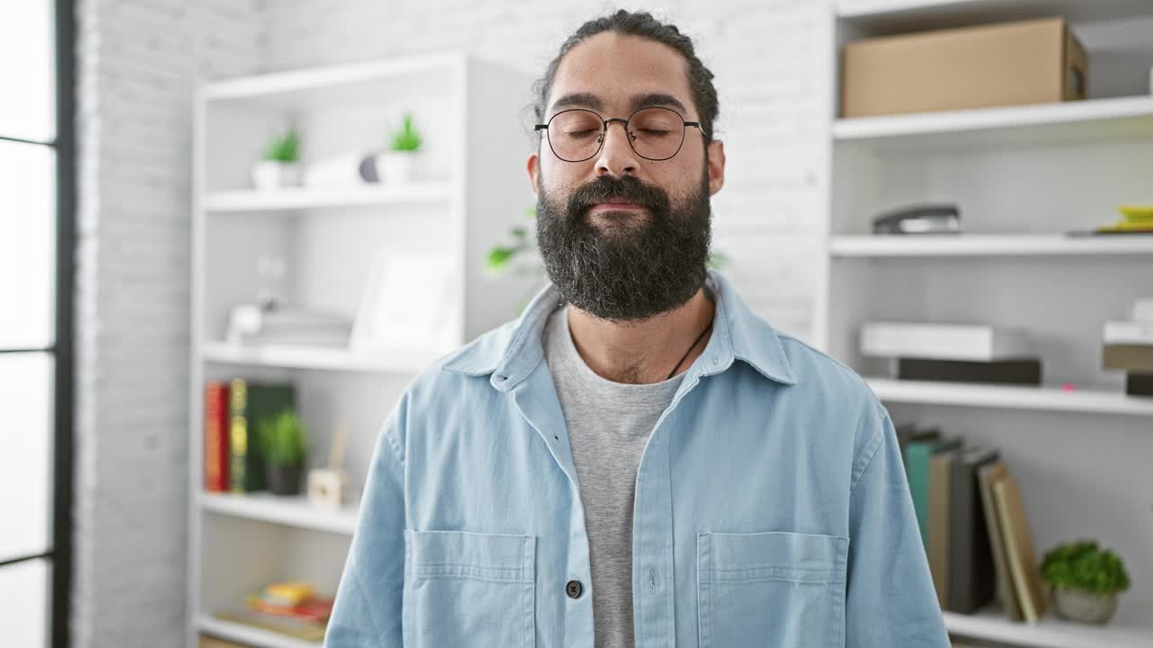 一个留着胡子的自信的西班牙裔男子双臂交叉站在现代办公环境中，散发出专业和时尚的气息。视频素材