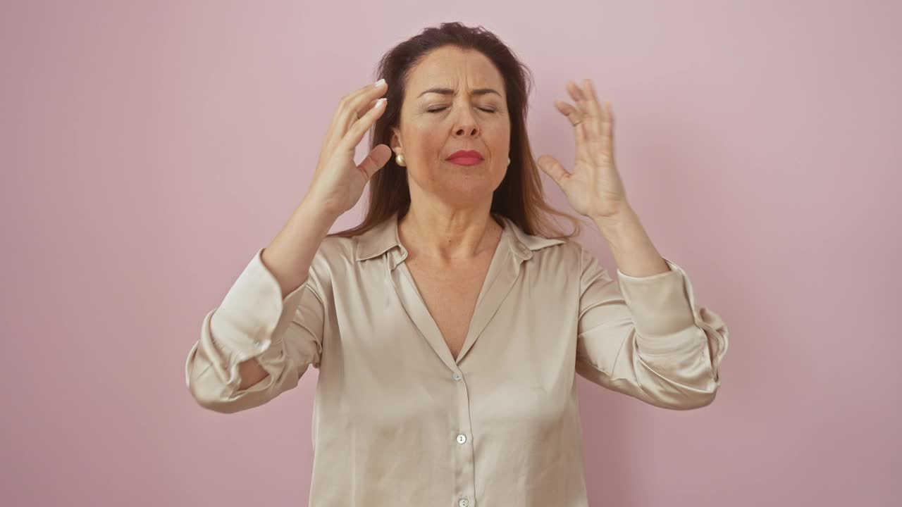 患有偏头痛的压力大的西班牙裔妇女，双手交叉在头上，穿着一件衬衫，独自在粉红色的背景上，显示出痛苦和疼痛视频素材