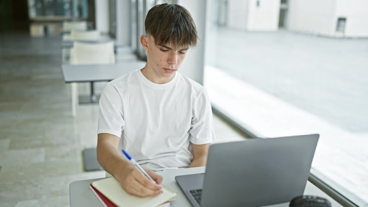 现代大学里用手提电脑和笔记本学习的年轻白人男学生视频素材