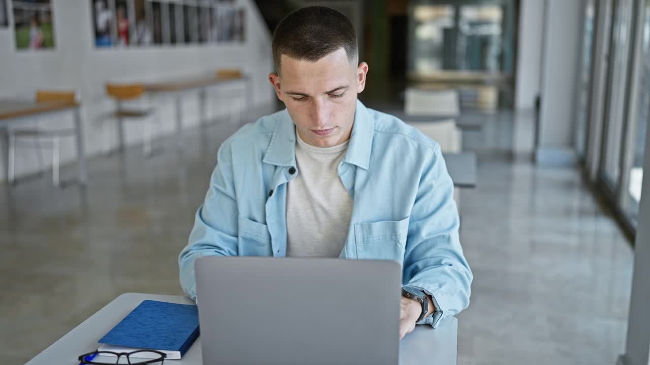 专心的西班牙裔男子在大学图书馆使用笔记本电脑。视频素材