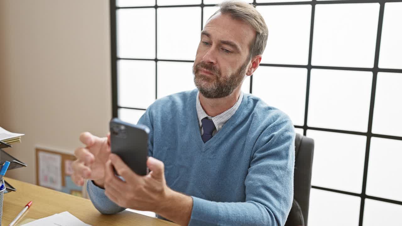 留胡子的中年男子在办公室使用智能手机，散发出专业和专注的气质。视频素材