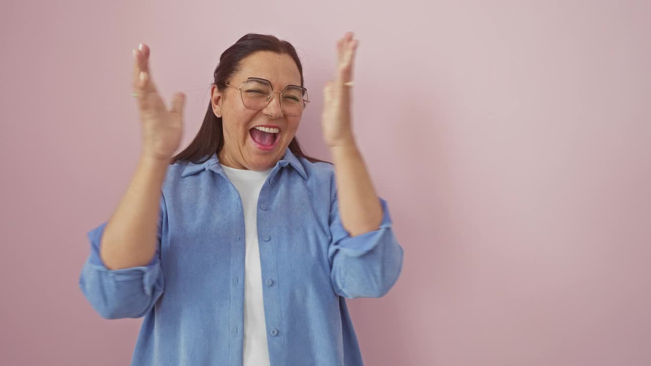 是的!快乐的西班牙中年女人赢了!站在孤立的粉红色墙壁上，用胜利的手势兴奋地庆祝成功，眼睛闭在眼镜后面，高举双臂表示胜利。视频素材