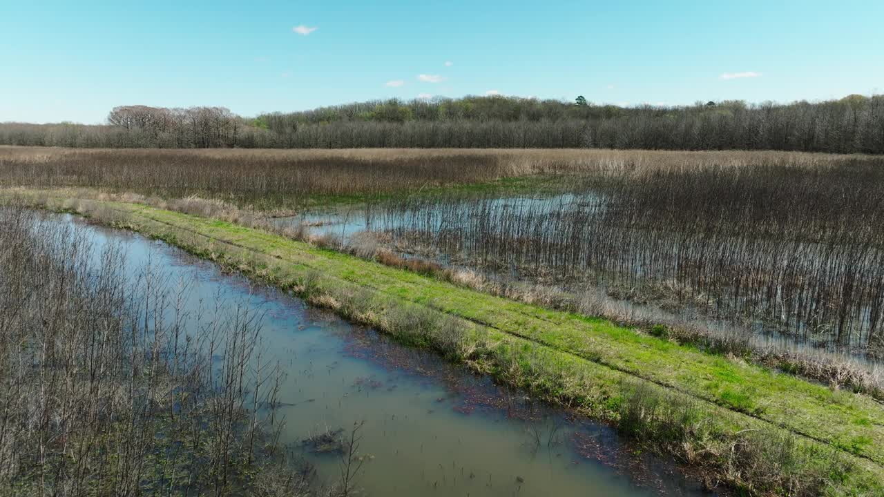 美国阿肯色州贝尔斯劳州立野生动物管理区的湿地——无人机拍摄视频素材