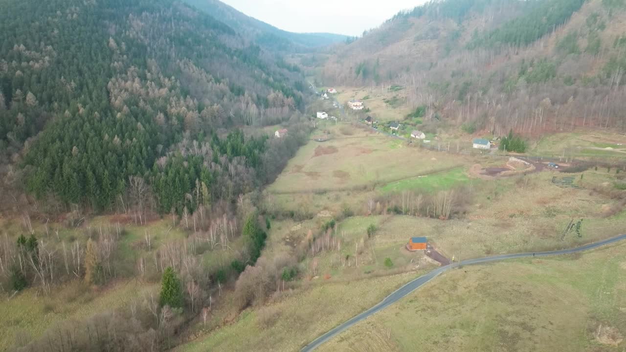 在波兰Jedlina-Zdrój的绿色田野和山脉之间的乡村道路-航拍视频素材