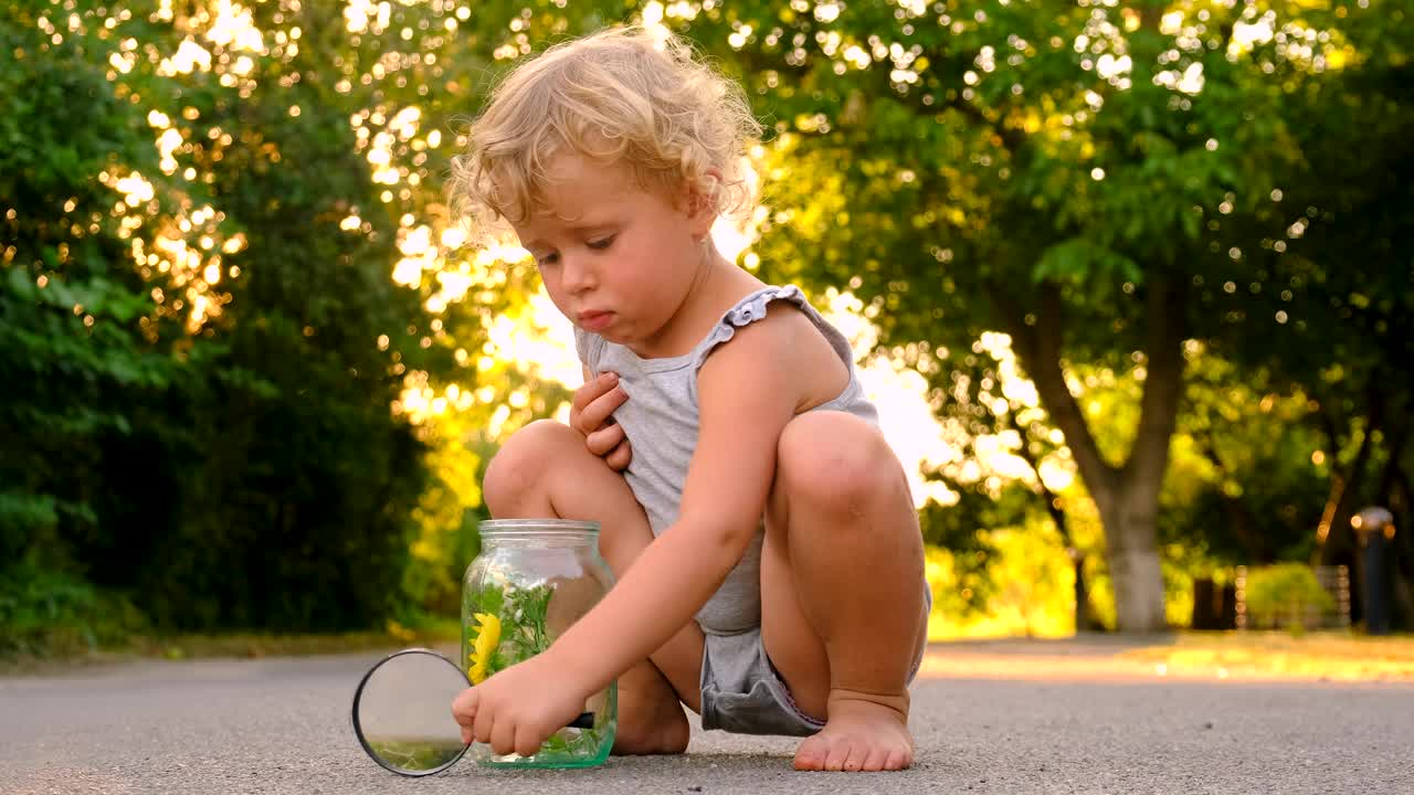 孩子们用放大镜观察大自然。有选择性的重点。孩子。视频素材