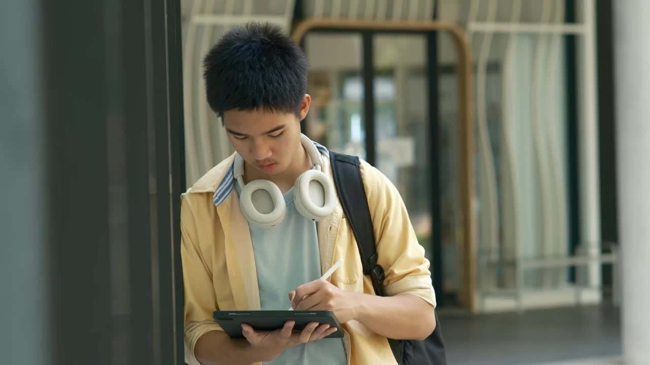 专注的学生在学校走廊上玩平板电脑视频下载