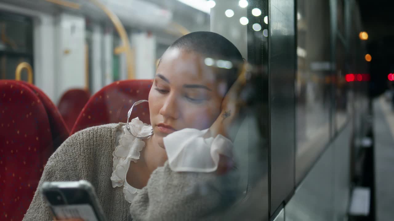 肖像旅行者坐在火车上看着手机屏幕。悲伤的短发女人视频素材