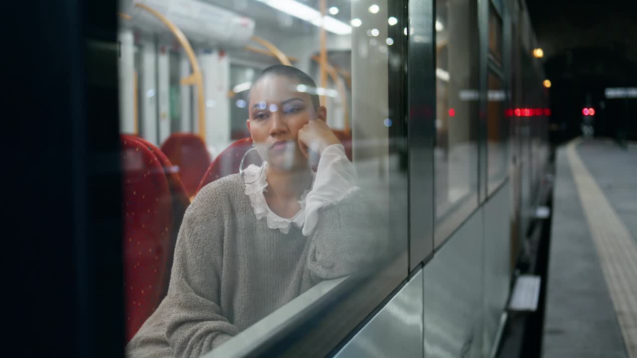 放松的女人无聊地看着站台窗口的火车。光头女孩视频素材