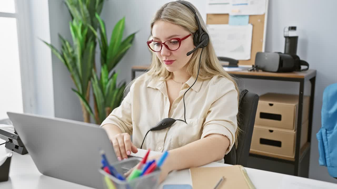 在现代化的办公室里，一位微笑的年轻女子戴着带麦克风的耳机，传达着客户支持的专业精神。视频素材