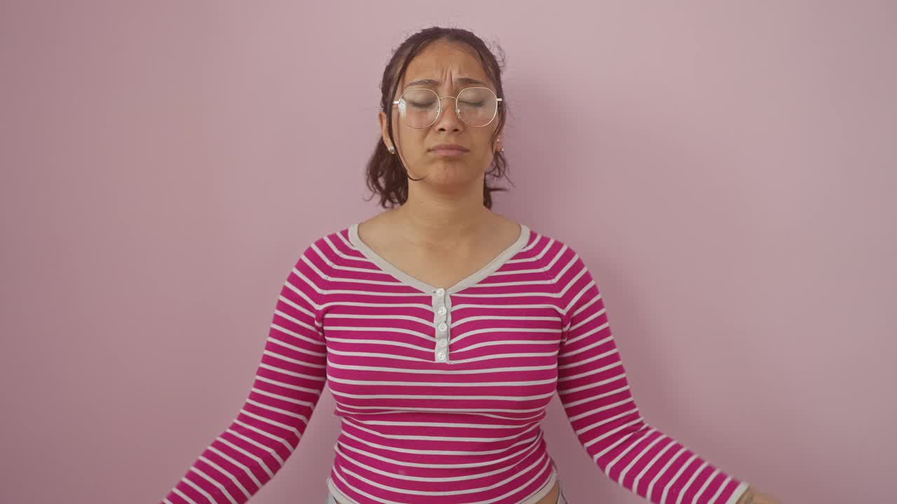 身穿条纹t恤的年轻西班牙女性站在粉红色的背景上，因为剧烈的偏头痛而感到压力，双手紧握在头上。视频素材