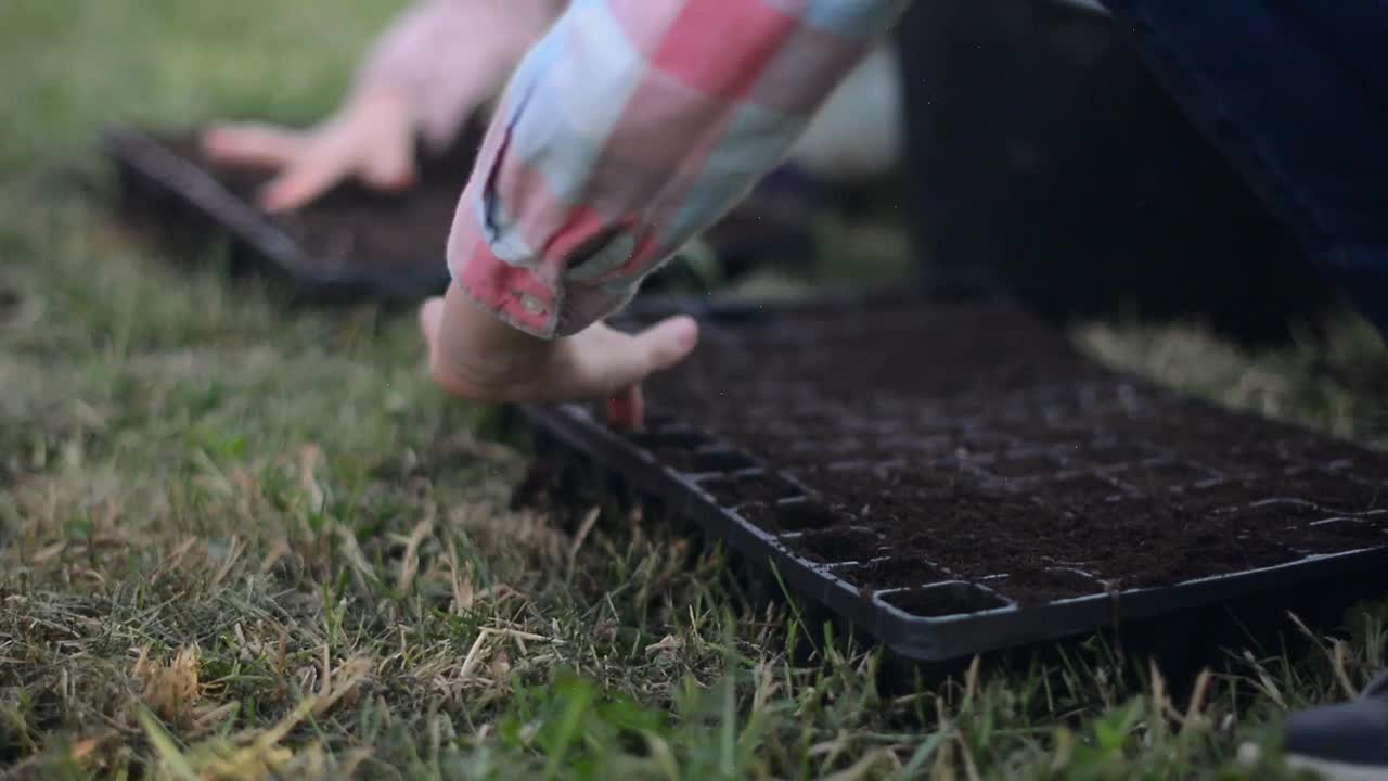 孩子们正在种植蔬菜的特写视频素材