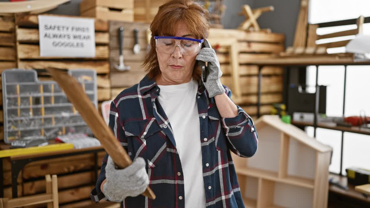 戴着安全眼镜的成熟女人在车间里拿着木板，用手机讲话视频素材