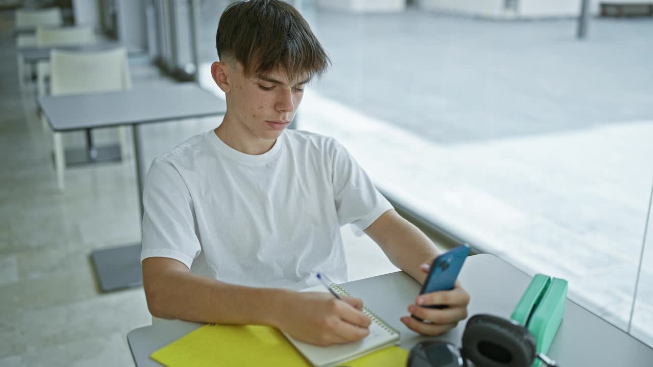 一位年轻的白人男性青少年在现代大学图书馆里用耳机、笔记本电脑和智能手机学习。视频素材